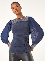Roman Blue Sequin Yoke Mesh Sleeve Top - Image 2 of 5