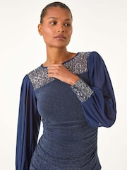 Roman Blue Sequin Yoke Mesh Sleeve Top - Image 4 of 5