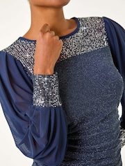 Roman Blue Sequin Yoke Mesh Sleeve Top - Image 5 of 5