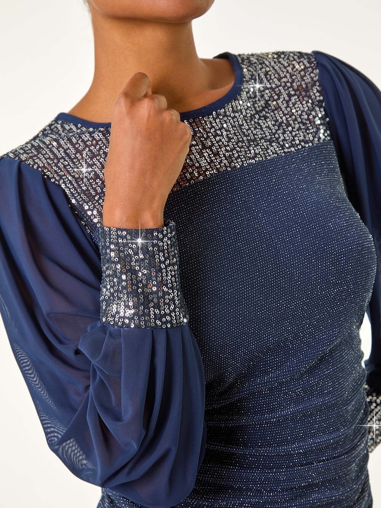 Roman Blue Sequin Yoke Mesh Sleeve Top - Image 5 of 5