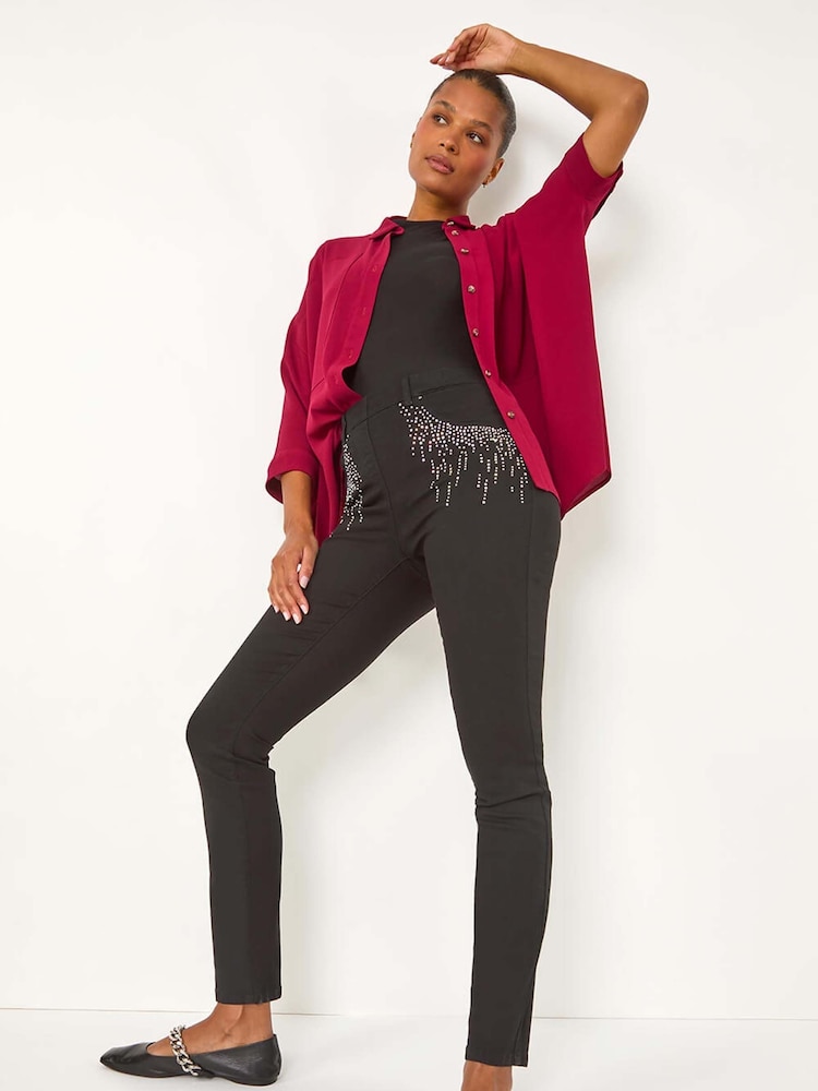 Roman Black Hotfix Pocket Trim Denim Leggings - Image 1 of 5