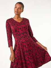 Roman Red Leaf Print Skater Dress - Image 3 of 6
