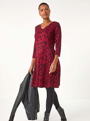 Roman Red Leaf Print Skater Dress - Image 5 of 6