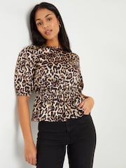 Threadbare Brown Leopard Print Puff Sleeve Satin Smock Blouse - Image 1 of 4