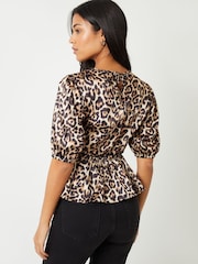 Threadbare Brown Leopard Print Puff Sleeve Satin Smock Blouse - Image 3 of 4