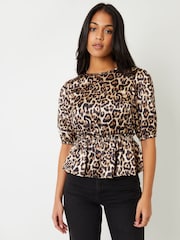 Threadbare Brown Leopard Print Puff Sleeve Satin Smock Blouse - Image 4 of 4
