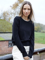 Threadbare Black Contrast Edge Balloon Sleeve Knitted Jumper - Image 1 of 5
