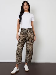 Threadbare Brown Leopard Print Barrel Leg Denim 100% Cotton Jeans With Raw Hem - Image 1 of 5