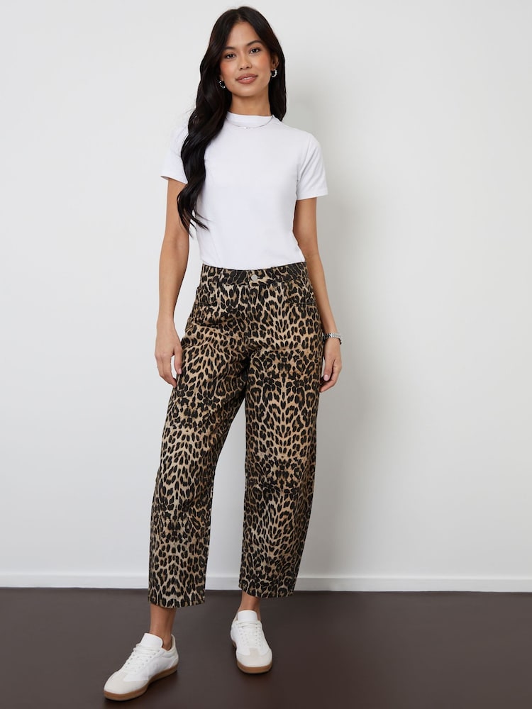 Threadbare Brown Leopard Print Barrel Leg Denim 100% Cotton Jeans With Raw Hem - Image 1 of 5