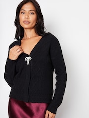 Threadbare Black Bow Detail Cable Knit Cardigan - Image 1 of 4