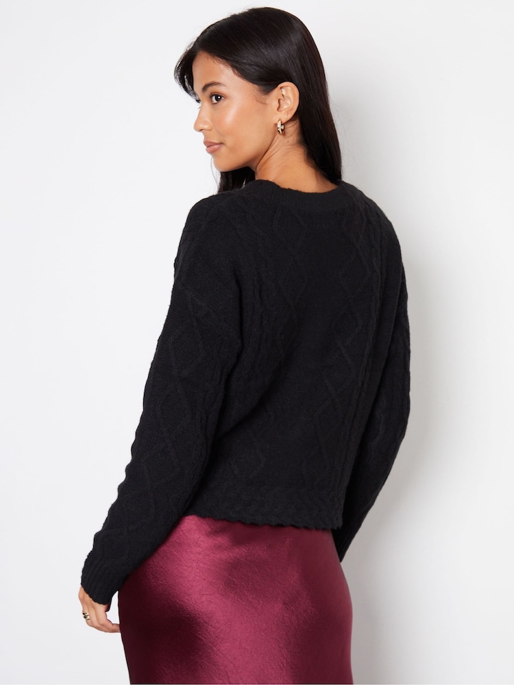 Threadbare Black Bow Detail Cable Knit Cardigan - Image 2 of 4