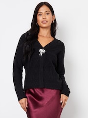Threadbare Black Bow Detail Cable Knit Cardigan - Image 3 of 4