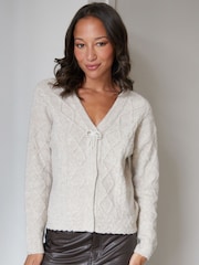 Threadbare Natural Bow Detail Cable Knit Cardigan - Image 1 of 4
