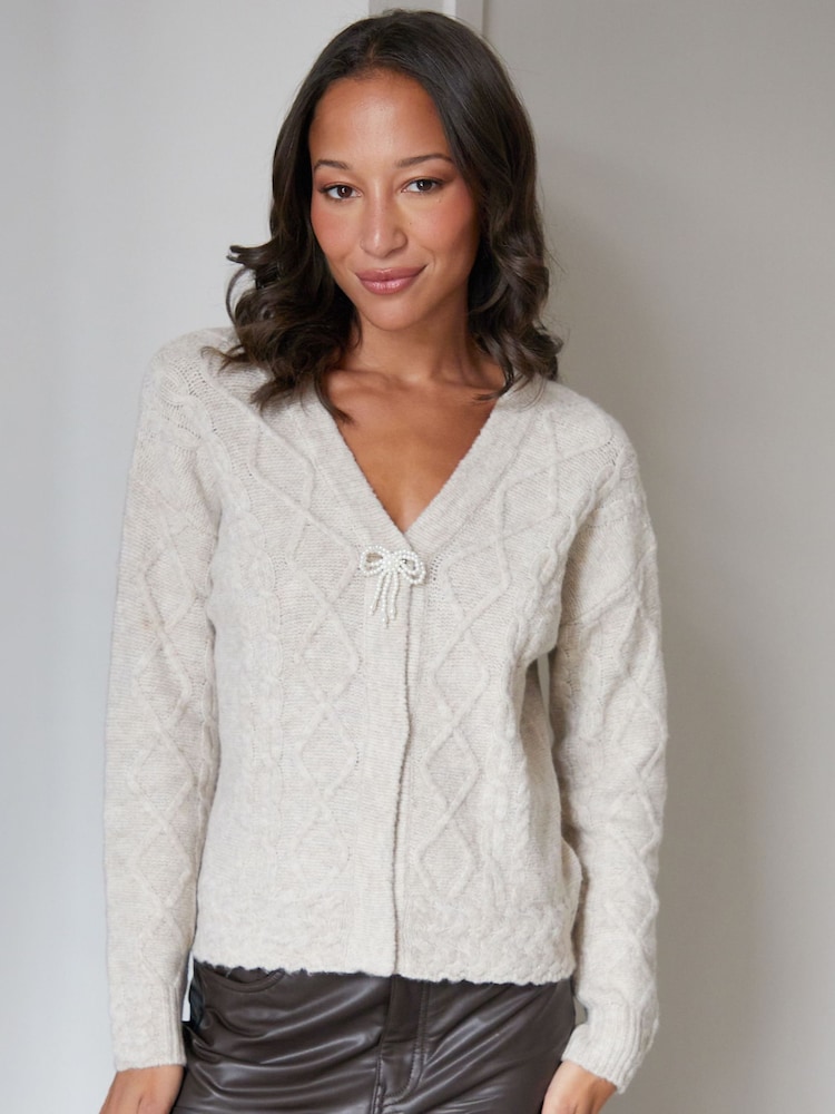 Threadbare Natural Bow Detail Cable Knit Cardigan - Image 1 of 4