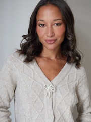 Threadbare Natural Bow Detail Cable Knit Cardigan - Image 2 of 4