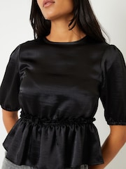 Threadbare Black Leopard Print Puff Sleeve Satin Smock Blouse - Image 1 of 3