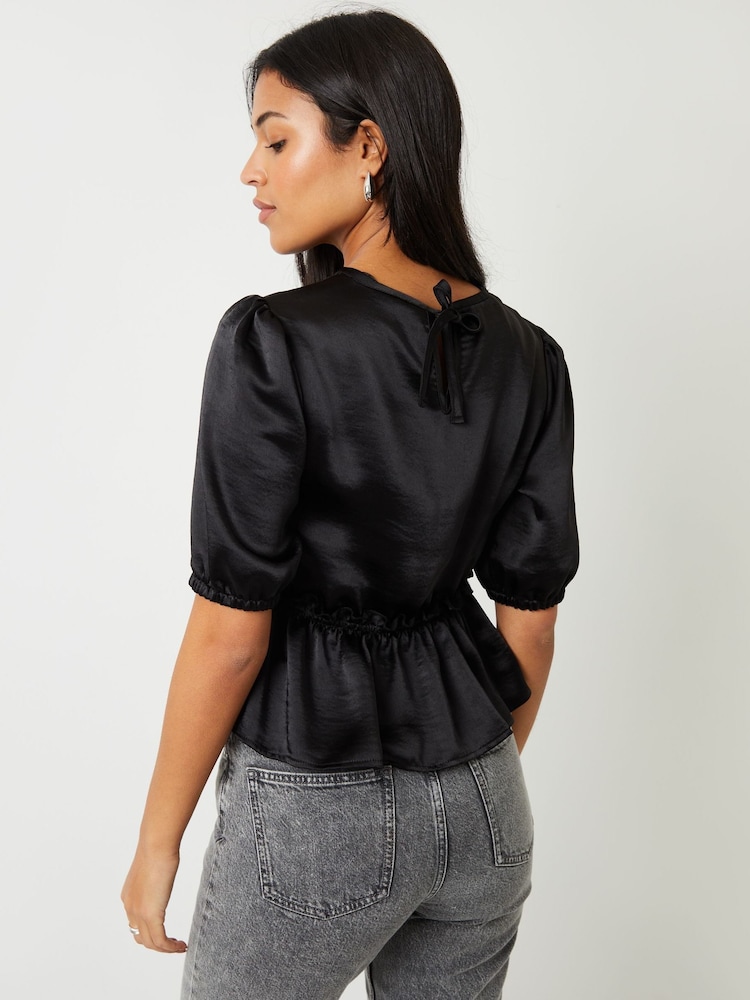 Threadbare Black Leopard Print Puff Sleeve Satin Smock Blouse - Image 2 of 3 Threadbare Black Leopard Print Puff Sleeve Satin Smock Blouse - Image 2 of 3