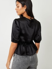 Threadbare Black Leopard Print Puff Sleeve Satin Smock Blouse - Image 3 of 3