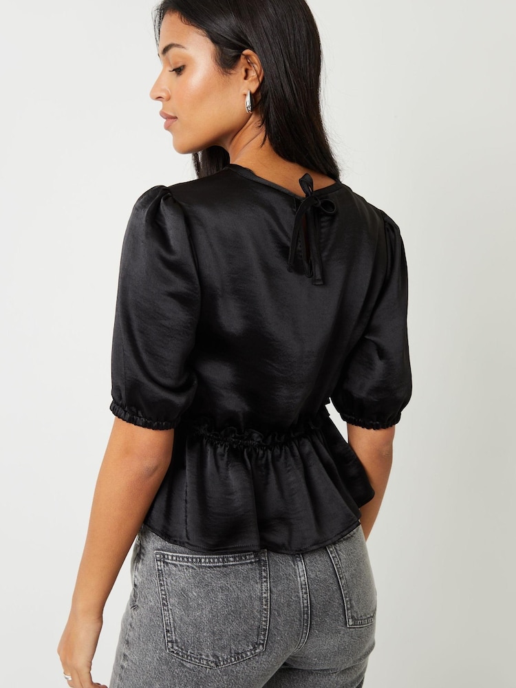 Threadbare Black Leopard Print Puff Sleeve Satin Smock Blouse - Image 3 of 3 Threadbare Black Leopard Print Puff Sleeve Satin Smock Blouse - Image 3 of 3