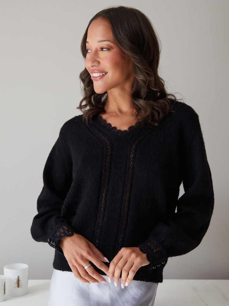 Threadbare Black Lace Trim V-Neck Knitted Jumper - Image 1 of 4
