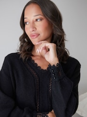Threadbare Black Lace Trim V-Neck Knitted Jumper - Image 2 of 4