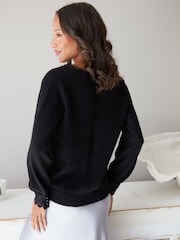 Threadbare Black Lace Trim V-Neck Knitted Jumper - Image 3 of 4