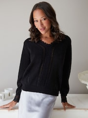 Threadbare Black Lace Trim V-Neck Knitted Jumper - Image 4 of 4