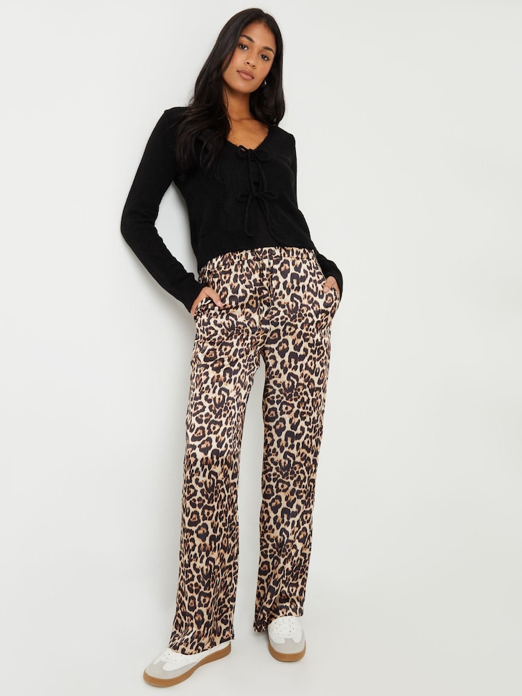 Threadbare Brown Leopard Print Wide Leg Satin Trousers - Image 1 of 4