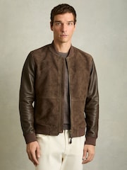 Reiss Chocolate Brown Block Leather-Sleeve Suede Bomber Jacket - Image 1 of 6