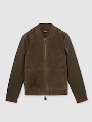 Reiss Chocolate Brown Block Leather-Sleeve Suede Bomber Jacket - Image 2 of 6