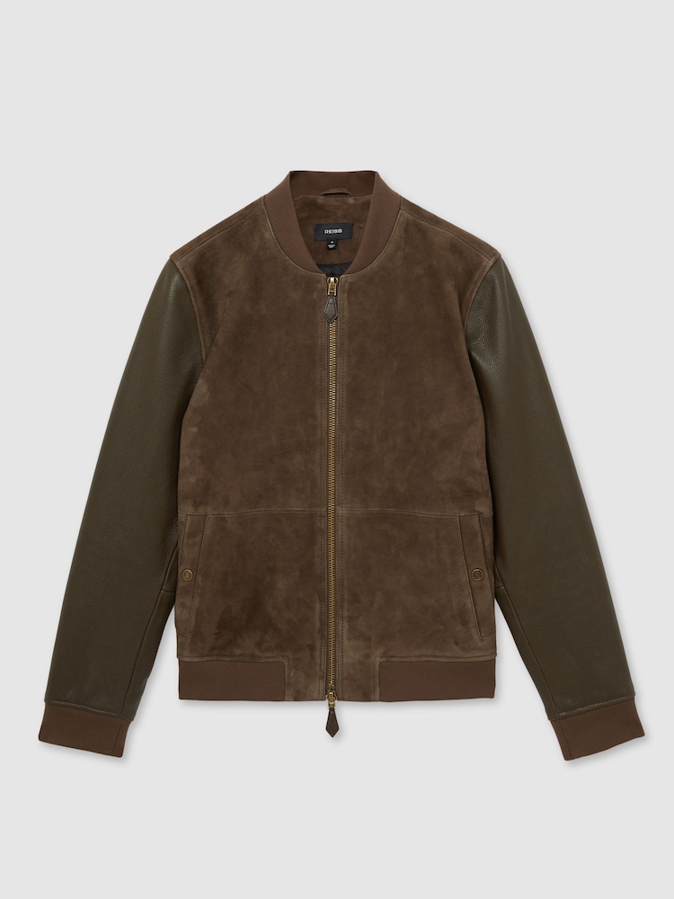 Reiss Chocolate Brown Block Leather-Sleeve Suede Bomber Jacket - Image 2 of 6