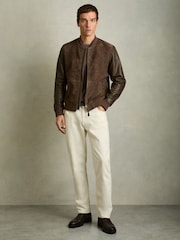 Reiss Chocolate Brown Block Leather-Sleeve Suede Bomber Jacket - Image 3 of 6