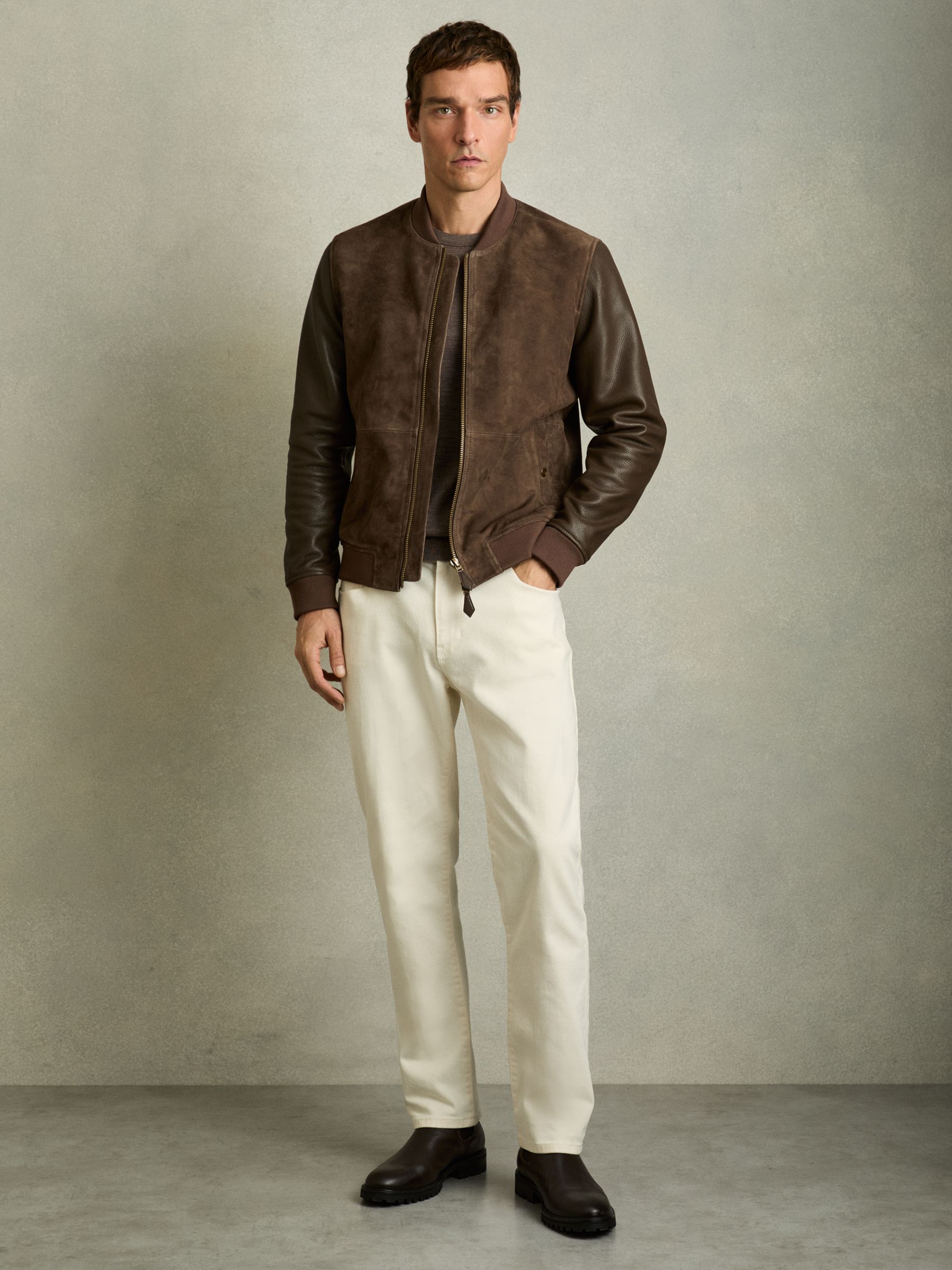 Buy Reiss Chocolate Brown Block Leather-Sleeve Suede Bomber Jacket
