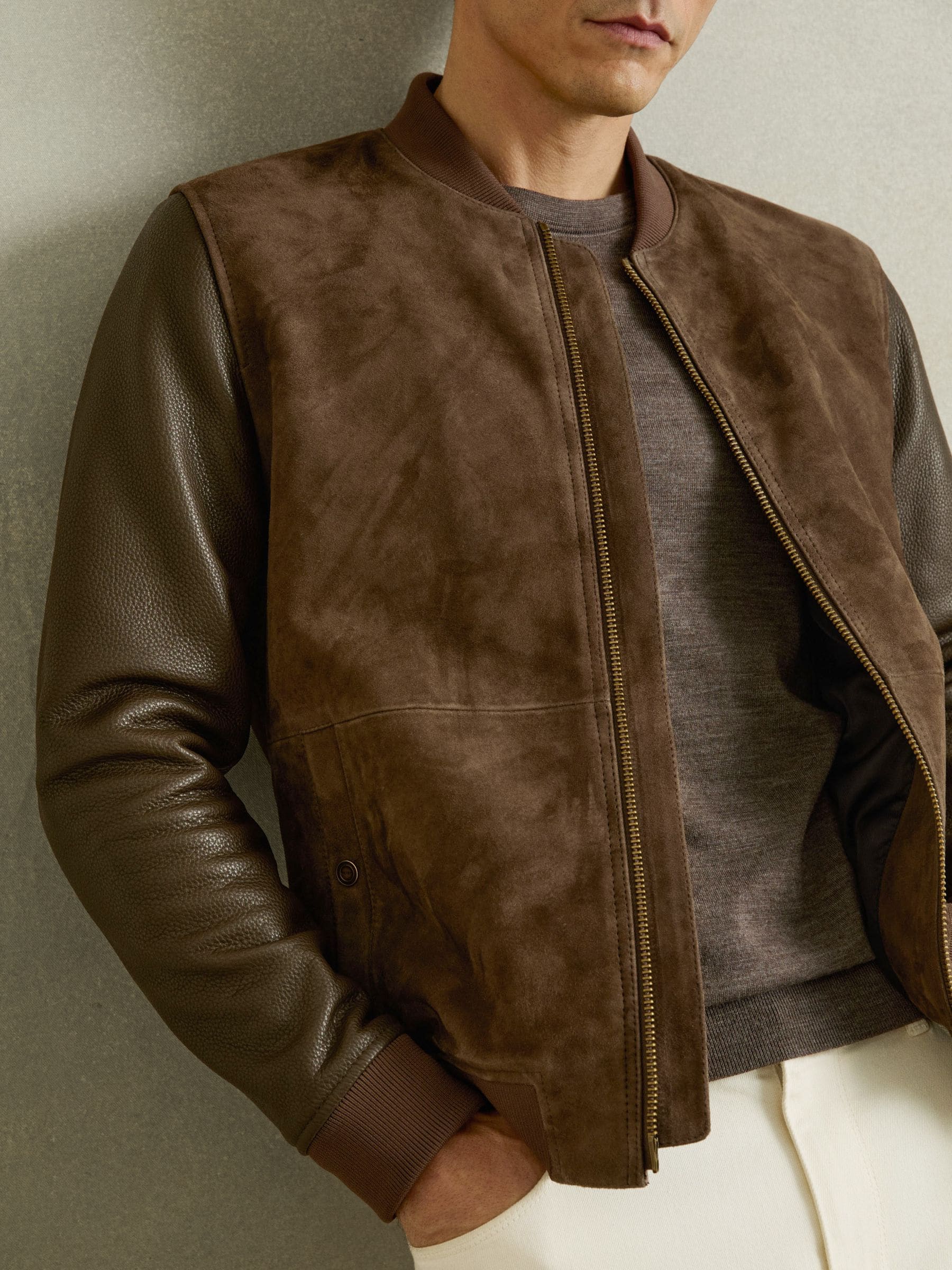 Buy Reiss Chocolate Brown Block Leather-Sleeve Suede Bomber Jacket