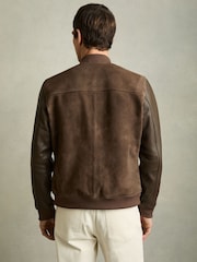 Reiss Chocolate Brown Block Leather-Sleeve Suede Bomber Jacket - Image 6 of 6