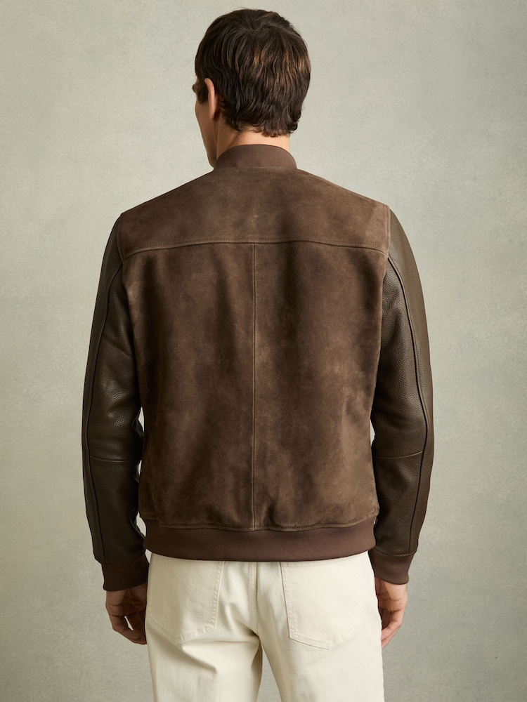 Reiss Chocolate Brown Block Leather-Sleeve Suede Bomber Jacket - Image 6 of 6