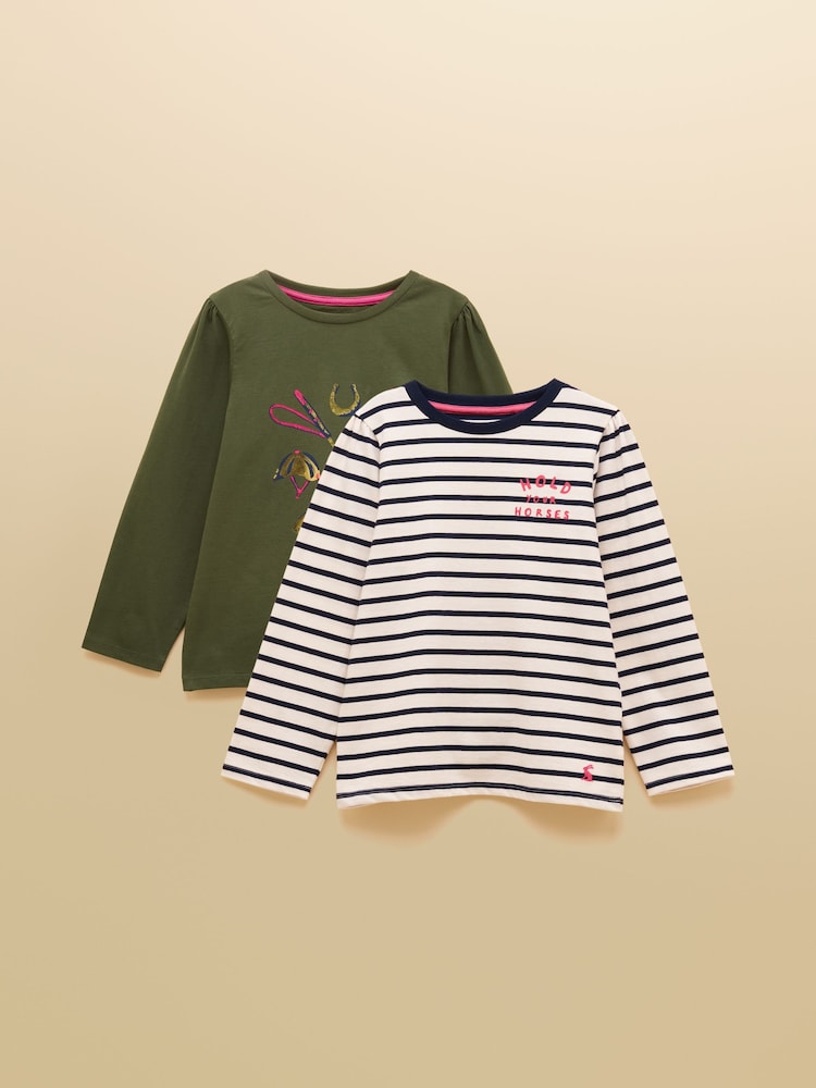 Joules Girls' Khaki Print & Navy Stripe Two Pack Long Sleeve Top - Image 1 of 9 Joules Girls' Khaki Print & Navy Stripe Two Pack Long Sleeve Top - Image 1 of 9