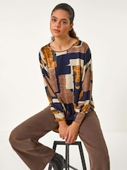 Roman Brown/Blue Abstract Print Constrast Hem Stretch Top - Image 1 of 5