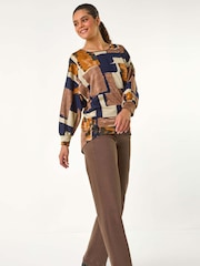 Roman Brown/Blue Abstract Print Constrast Hem Stretch Top - Image 2 of 5