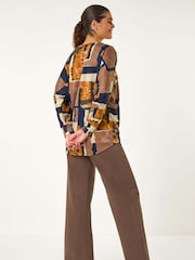 Roman Brown/Blue Abstract Print Constrast Hem Stretch Top - Image 3 of 5