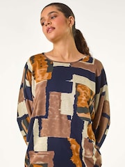 Roman Brown/Blue Abstract Print Constrast Hem Stretch Top - Image 4 of 5