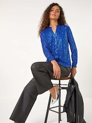 Roman Blue Sequin Sparkle Stretch Jersey Blouse - Image 1 of 5