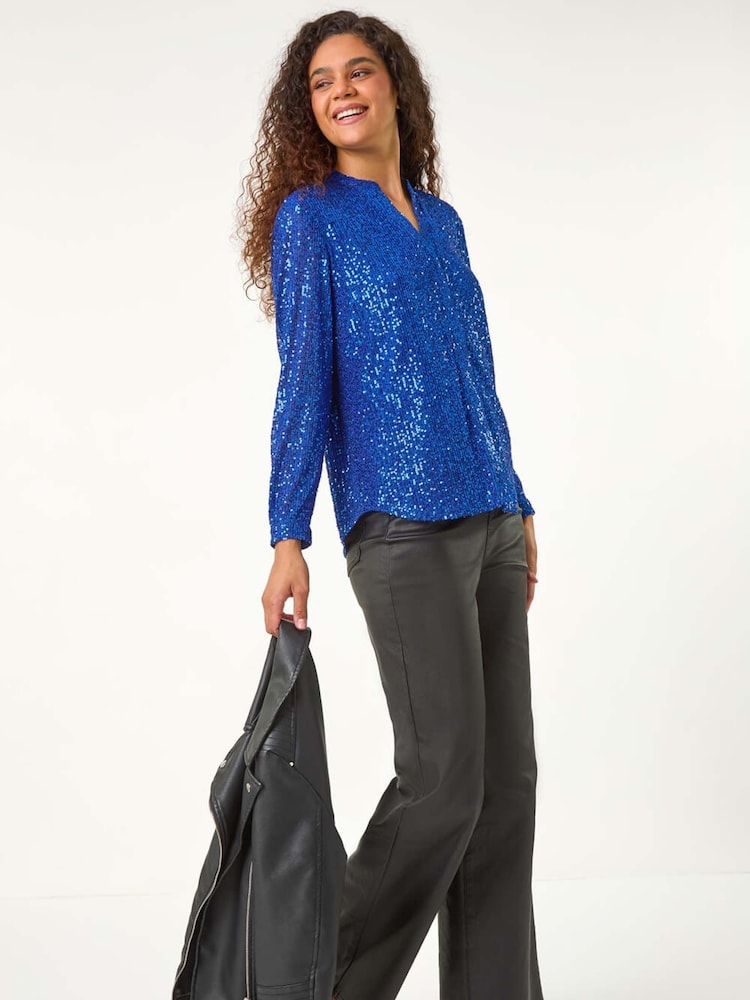 Roman Blue Sequin Sparkle Stretch Jersey Blouse - Image 2 of 5