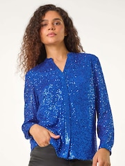 Roman Blue Sequin Sparkle Stretch Jersey Blouse - Image 4 of 5