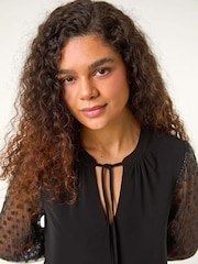 Roman Black Tie Neck Plisse Sleeve Top - Image 1 of 6