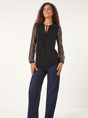 Roman Black Tie Neck Plisse Sleeve Top - Image 3 of 6