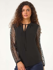 Roman Black Tie Neck Plisse Sleeve Top - Image 5 of 6