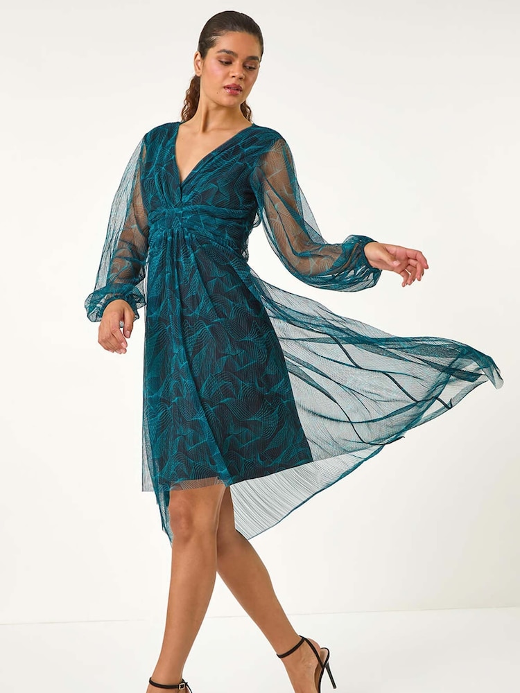 Roman Blue Abstract Asymmetric Plisse Dress - Image 1 of 5