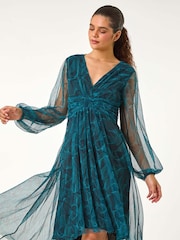 Roman Blue Abstract Asymmetric Plisse Dress - Image 5 of 5