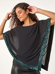 Roman Green Sequin Hem Overlay Stretch Top - Image 1 of 6